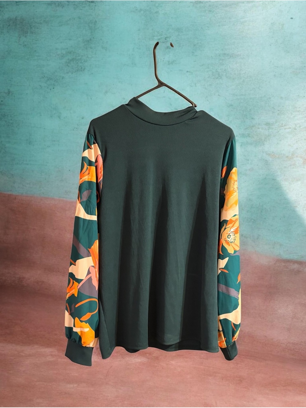SHEIN Dark Green Mock Neck Top with Floral Print Sleeves